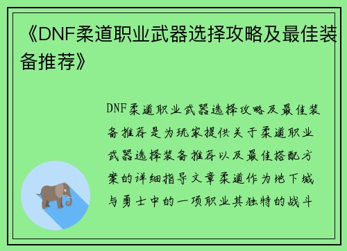 《DNF柔道职业武器选择攻略及最佳装备推荐》