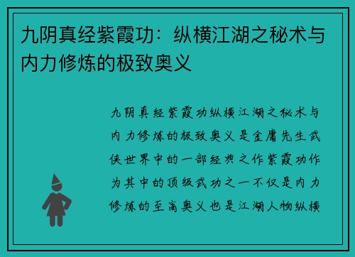 九阴真经紫霞功：纵横江湖之秘术与内力修炼的极致奥义