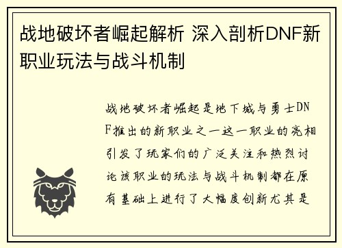 战地破坏者崛起解析 深入剖析DNF新职业玩法与战斗机制
